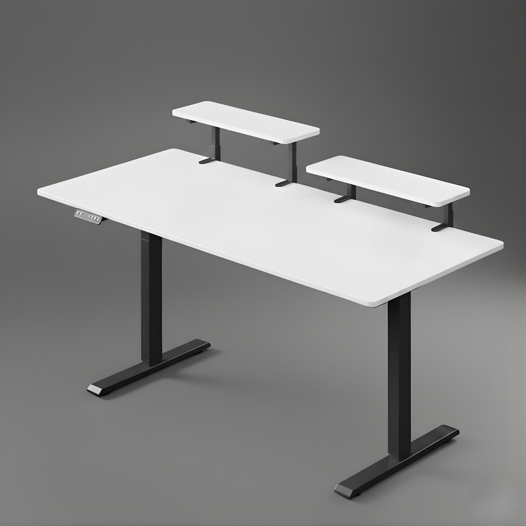 Height-Adjustable Desk with Integrated Monitor Shelves