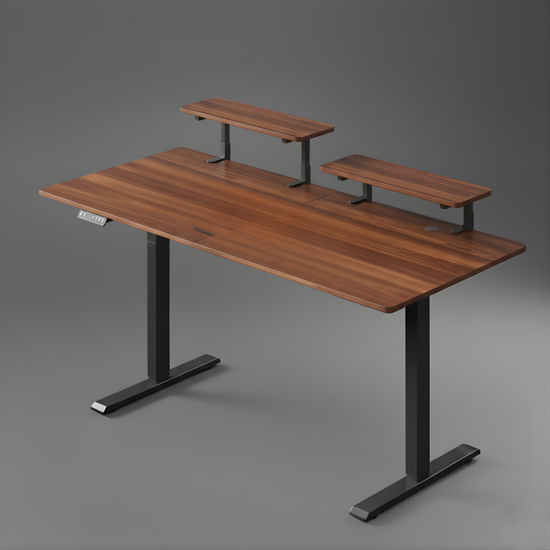 Height-Adjustable Desk with Integrated Monitor Shelves