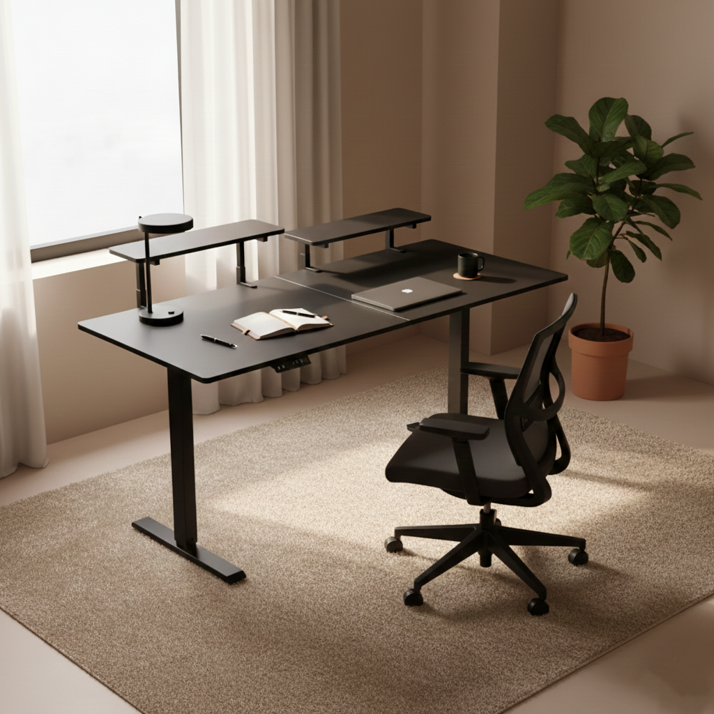 Height-Adjustable Desk with Integrated Monitor Shelves